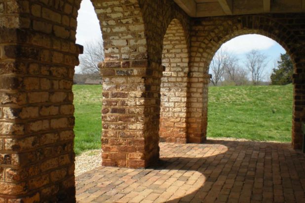 Exposed brick archways on the exterior of Poplar Forest are a result of the historic building restoration.